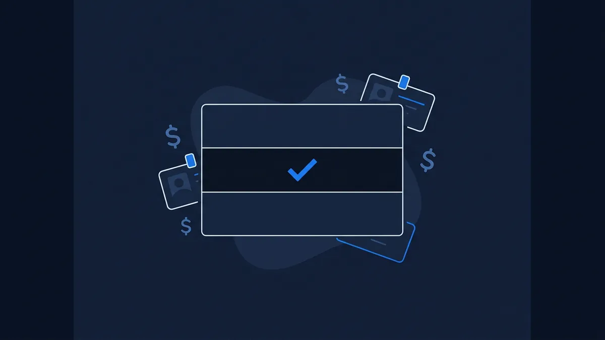 A flat digital illustration showing a stylised credit or ID card with a blue checkmark in its centre, surrounded by dollar signs and smaller card icons on a deep navy background.