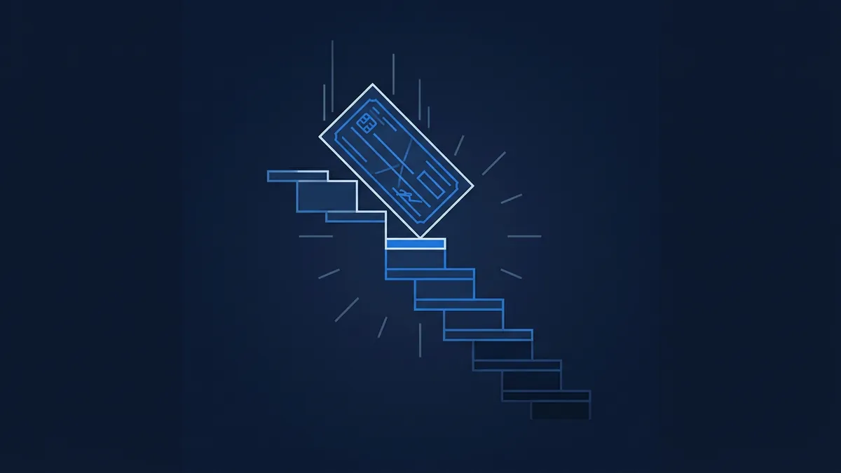 A glowing credit card or payment card icon sits at the centre of a staircase-like descending step pattern, rendered in blue line art against a deep navy background, with radiating dash lines suggesting motion or energy.