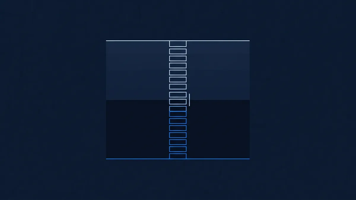 A vertical ladder graphic centered in a dark navy rectangle, with white outlined rungs in the upper half and blue outlined rungs in the lower half, set against a deep navy background.