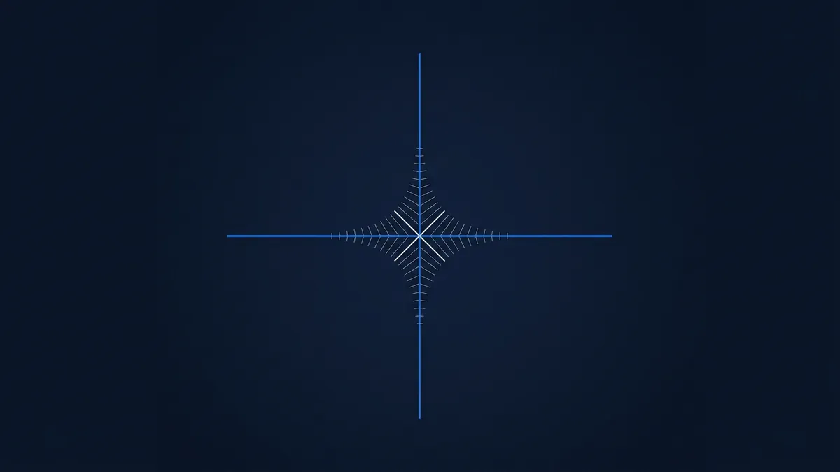 A four-pointed star shape formed by radiating white lines along two perpendicular blue axes, centred on a dark navy background, evoking a compass rose or data visualisation motif.