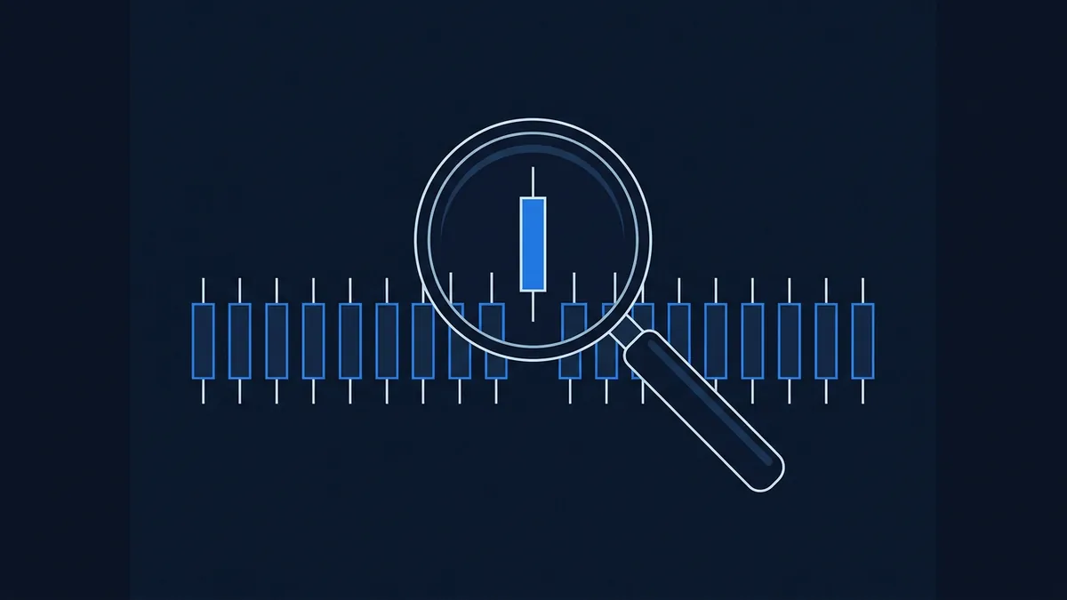 A magnifying glass zooms in on a single bright blue candlestick chart candle standing taller than a long row of smaller dark blue candles, all set against a deep navy background.