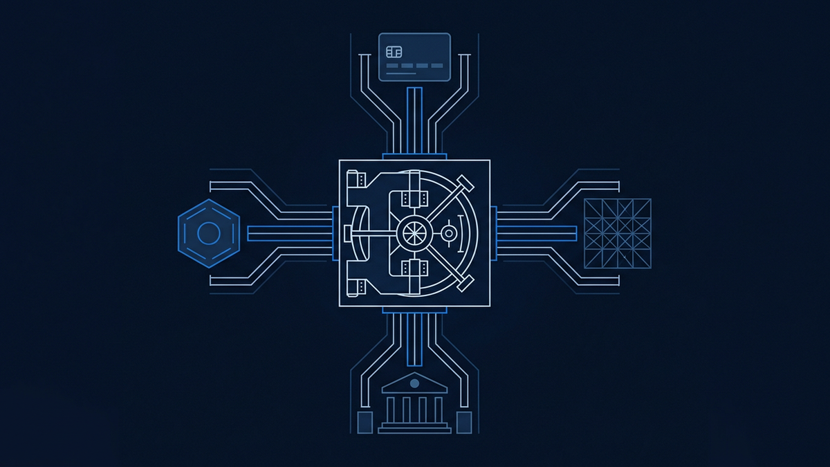 A glowing blue circuit-board style diagram on a dark navy background, centred on a bank vault door icon connected by data lines to a credit card, a bank building, a hexagon, and a grid square.