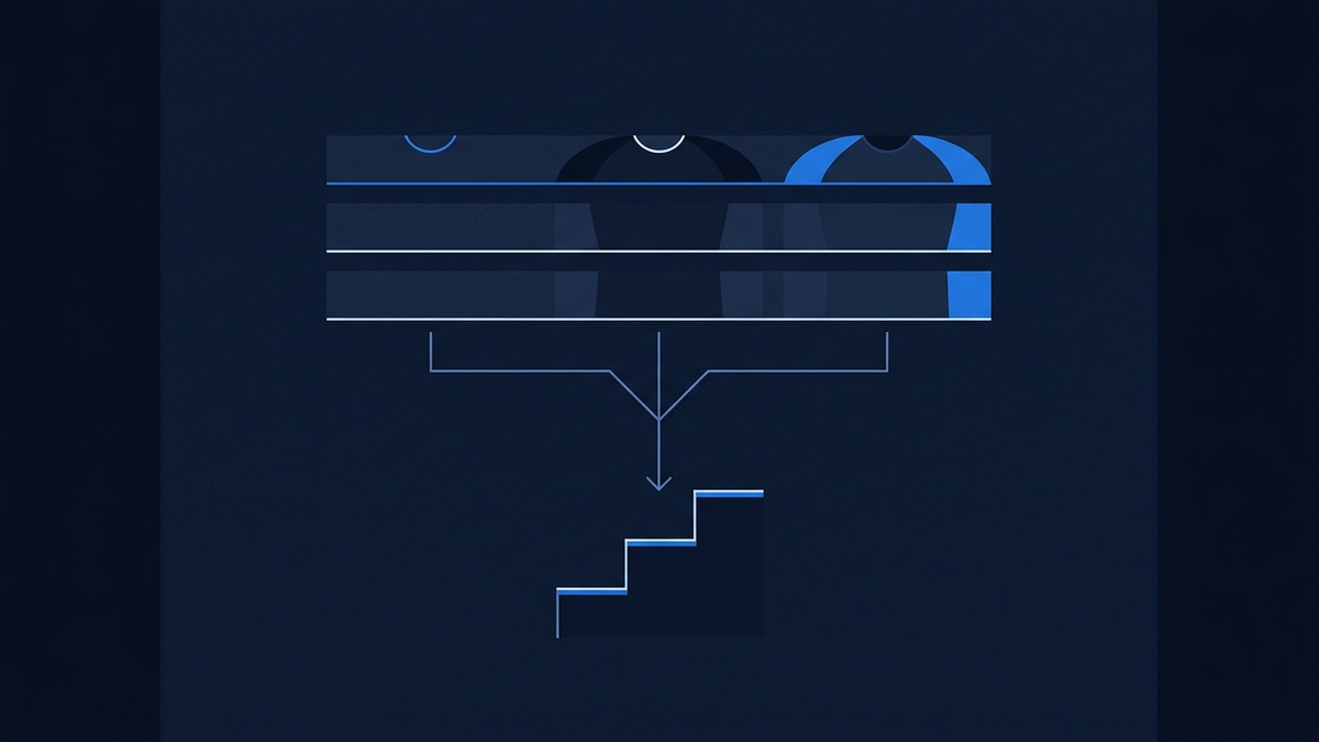 Abstract editorial illustration of a group-stage standings ladder with three teams level on points, a branching tiebreaker path resolving the order beneath them