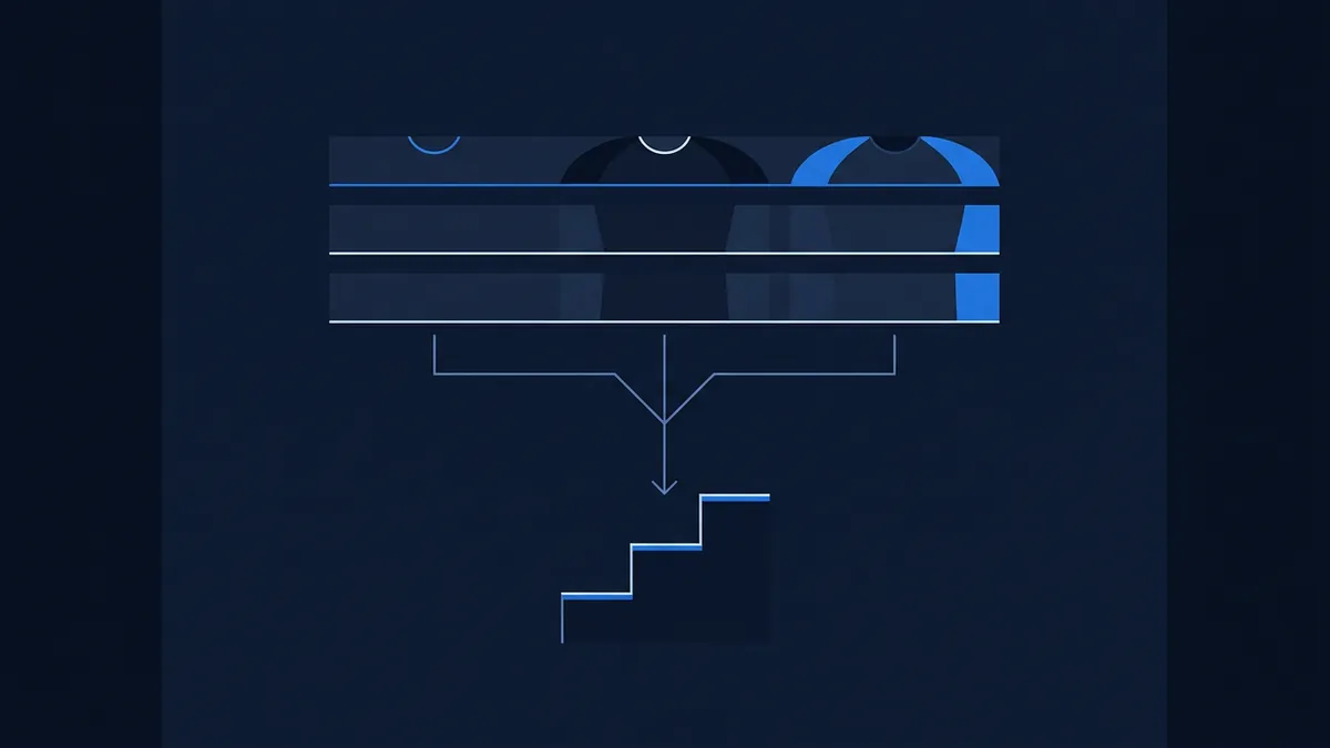 Three stylised torso silhouettes in a dark navy panel connect via branching lines to a descending staircase graphic, suggesting a tiebreaker resolution process, rendered in navy and blue tones.