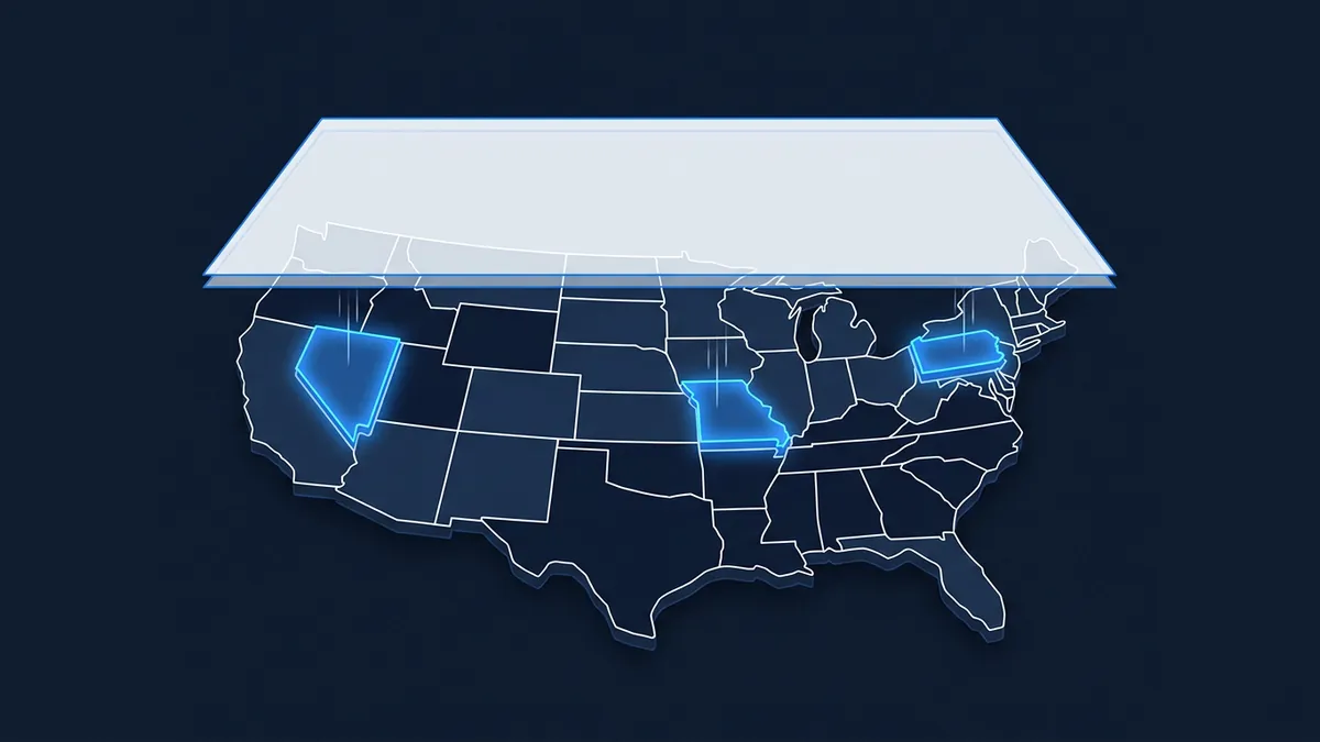 A stylised 3D map of the United States on a dark navy background, with Nevada, Missouri, and Pennsylvania highlighted in glowing blue, and a semi-transparent pale blue panel floating above the map.