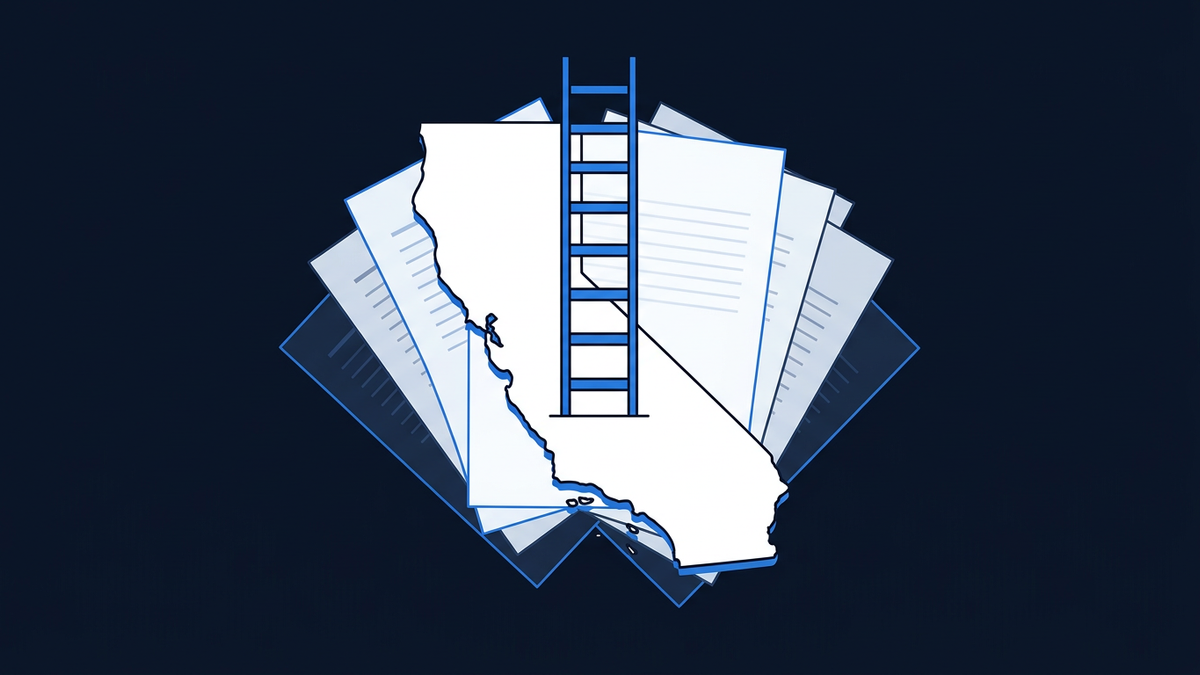 A stylised graphic showing the outline of California overlaid on fanned document pages, with a blue ladder rising through the center, all on a deep navy background.