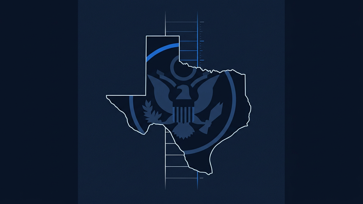 A stylised deep navy graphic showing the outline of the state of Texas overlaid with a US federal eagle seal, with blueprint grid lines and a thin blue arc in the upper portion.
