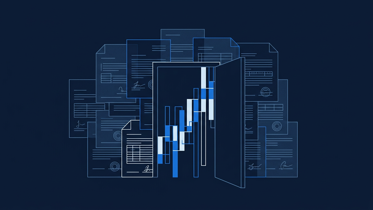 A regulatory gateway rendered as overlapping translucent compliance documents with a single open doorway in the centre showing a price ticker beyond