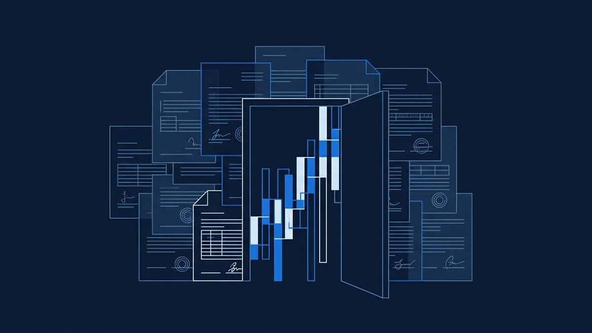 Overlapping translucent document outlines with signatures, tables and circular seals arranged around an open doorway, through which blue and white bar chart columns rise, all rendered in a dark navy and blue palette.