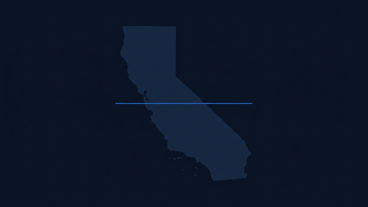 A stylised map of California rendered as a flat geometric shape, with a subtle threshold line running across it suggesting a regulatory boundary