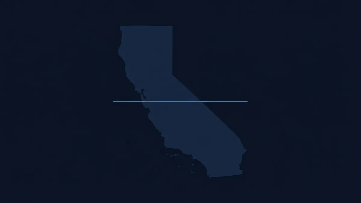 Silhouette of the state of California rendered as a flat dark navy shape on a deep navy background, with a thin horizontal blue line crossing the middle of the shape.
