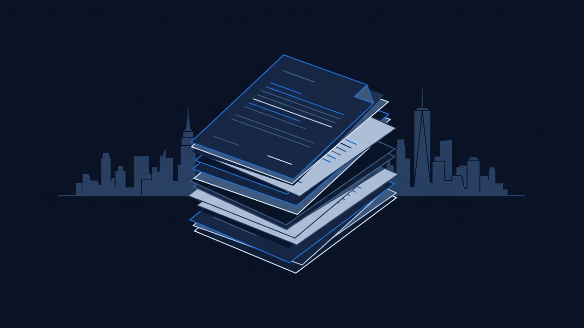 A flat editorial illustration of the Manhattan skyline silhouette behind a stack of layered regulatory documents, the documents tilted at slight angles in the foreground.