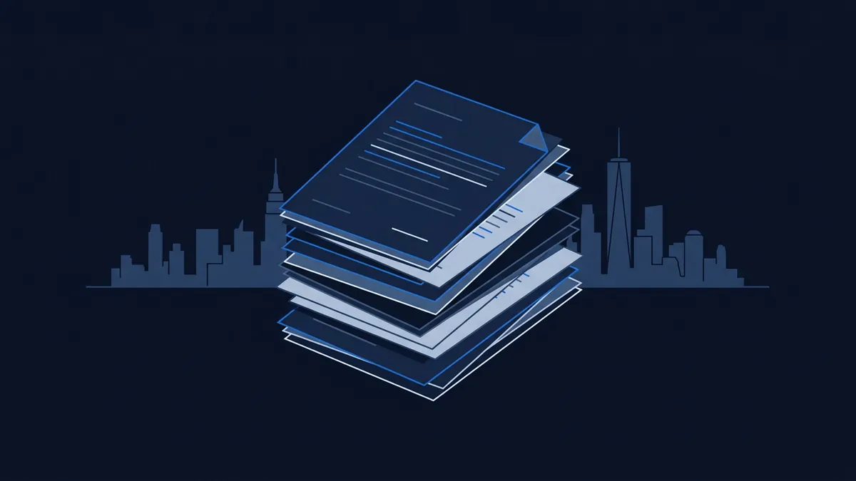 A stack of layered document pages rendered in isometric style with blue line details floats above a dark navy city skyline silhouette, all set against a deep navy background.