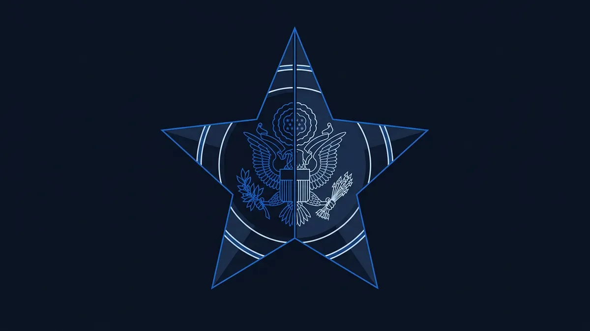A dark navy five-pointed star graphic with a blue outline contains the Great Seal of the United States eagle emblem at its centre, rendered in line-art style against a deep navy background.