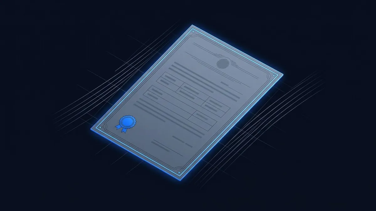 A glowing blue-outlined certificate or official document tilted at an angle, featuring indistinct lines of text, a blue ribbon seal, and decorative borders, set against a dark navy background.