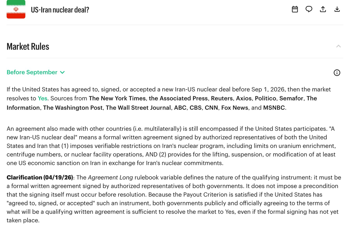 Screenshot of a Kalshi market page showing the settlement source field, listing which official source determines the outcome of the contract