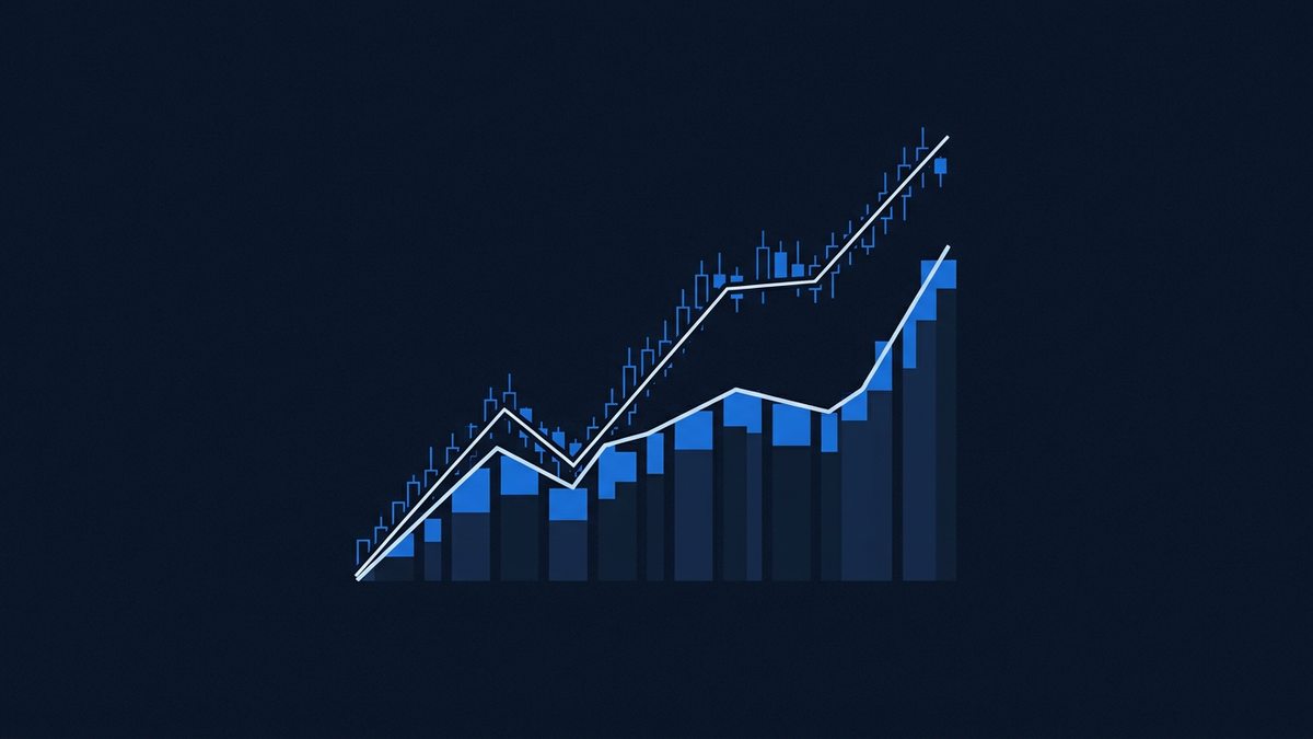 Two divergent trading lines rising from a shared centre point, one composed of clean geometric ticks, the other of thicker sportsbook-style odds bars