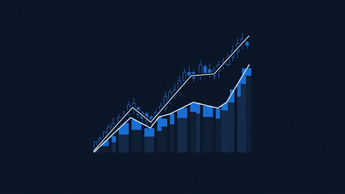 A financial chart on a dark navy background showing rising blue bar columns, candlestick markers, and two upward-trending white lines suggesting strong growth, rendered in a stylised geometric style.