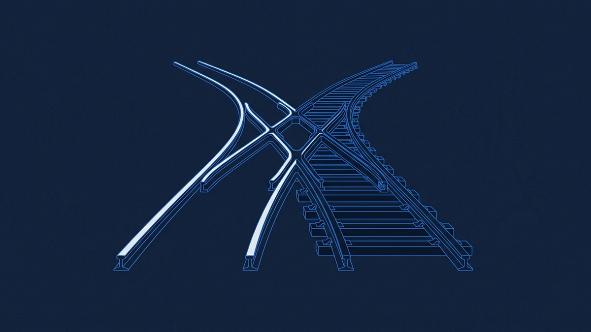 Two parallel trading rails diverging from a single point, one sleek and consumer-facing, one industrial and exchange-grade, splitting into different routes