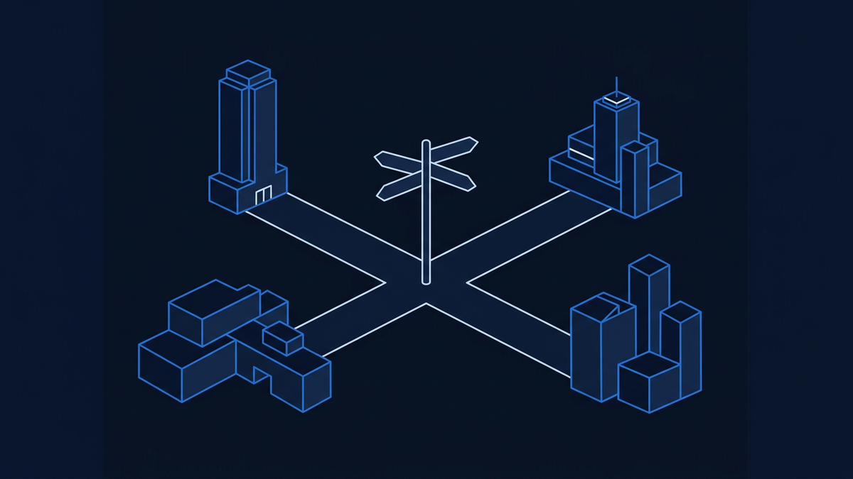A central signpost with three diverging paths splitting outward across a wide flat landscape, each path leading to a different abstract market venue silhouette.