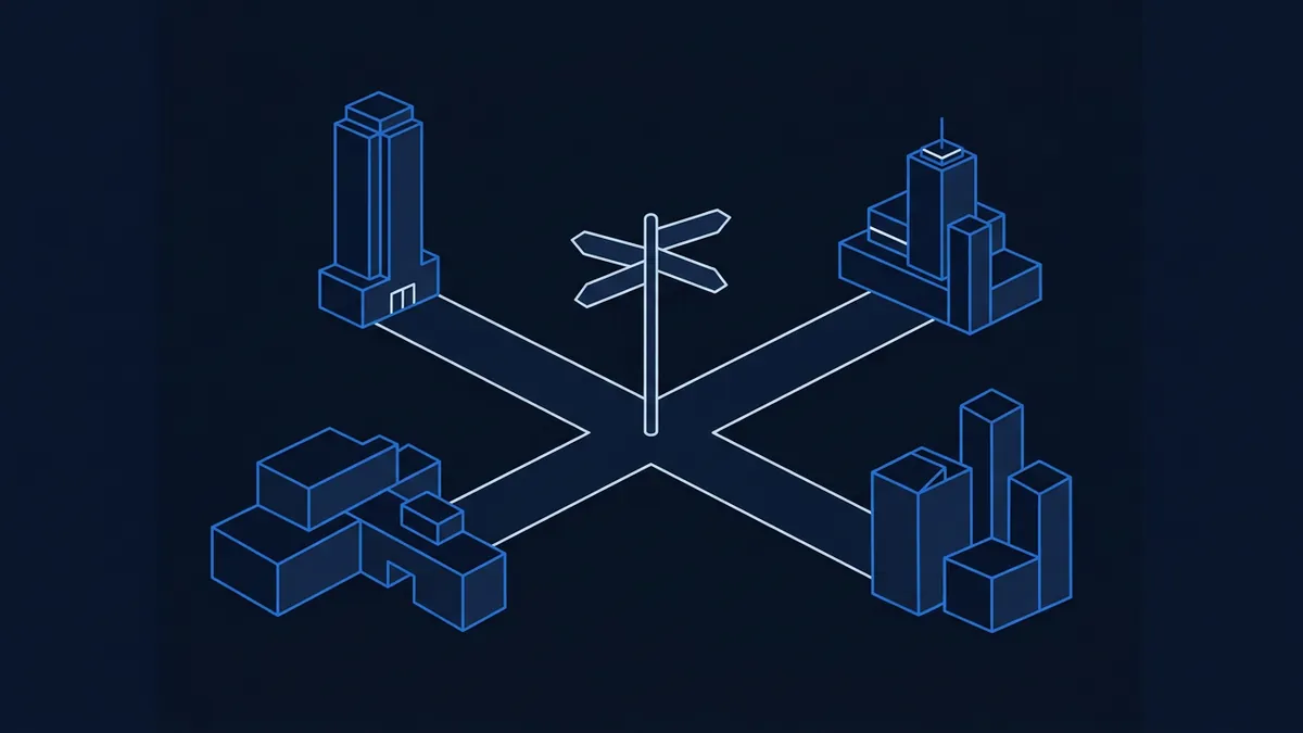 Isometric blueprint-style city illustration on a dark navy background, showing four geometric building clusters connected by crossing paths to a central directional signpost with four arrows.