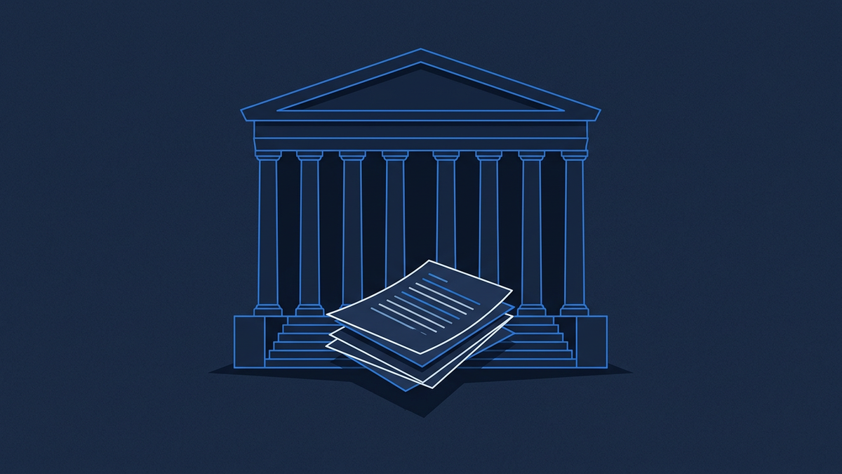 A glowing blue line-art neoclassical temple with tall columns and a triangular pediment, set against a deep navy background, with a stack of stylised documents in front of its steps.