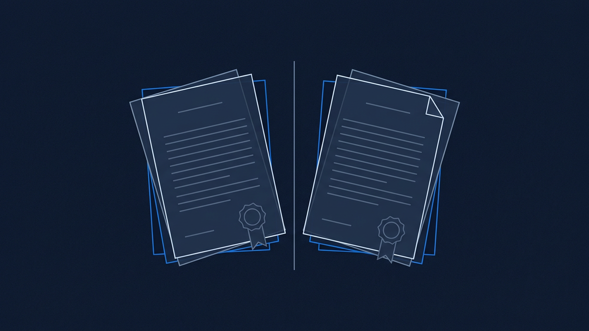 Two stacks of stylised certificate documents face each other on a deep navy background, each bearing a decorative seal, separated by a vertical dividing line.