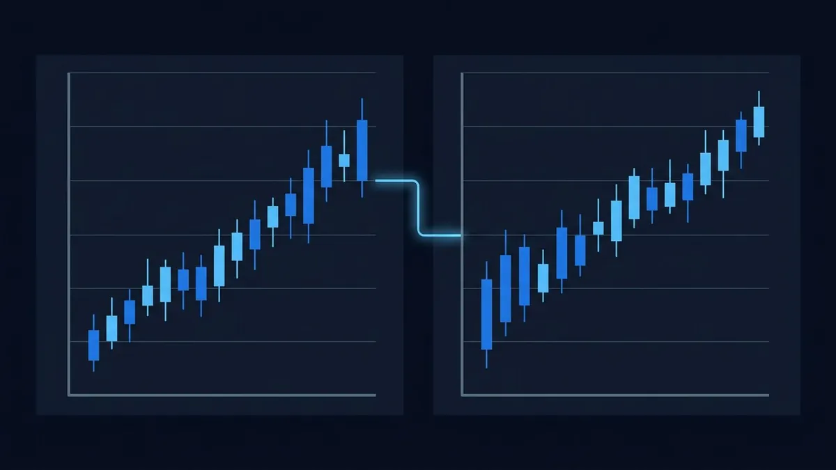 Two side-by-side candlestick trading charts on a dark navy background, each showing an upward price trend in blue and light-blue candles, connected by a glowing cyan step-line at their midpoints.