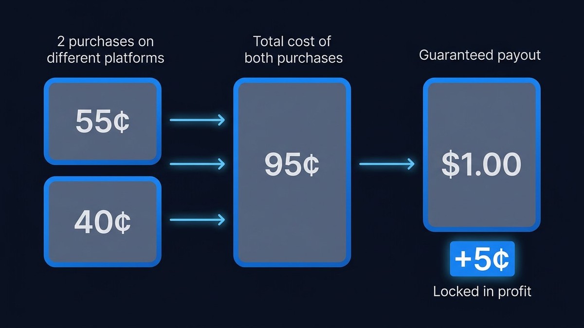 Diagram showing the arbitrage trade mechanic, buy yes at 55 cents on one platform, buy no at 40 cents on the other, total cost 95 cents, payout 100 cents, profit 5 cents