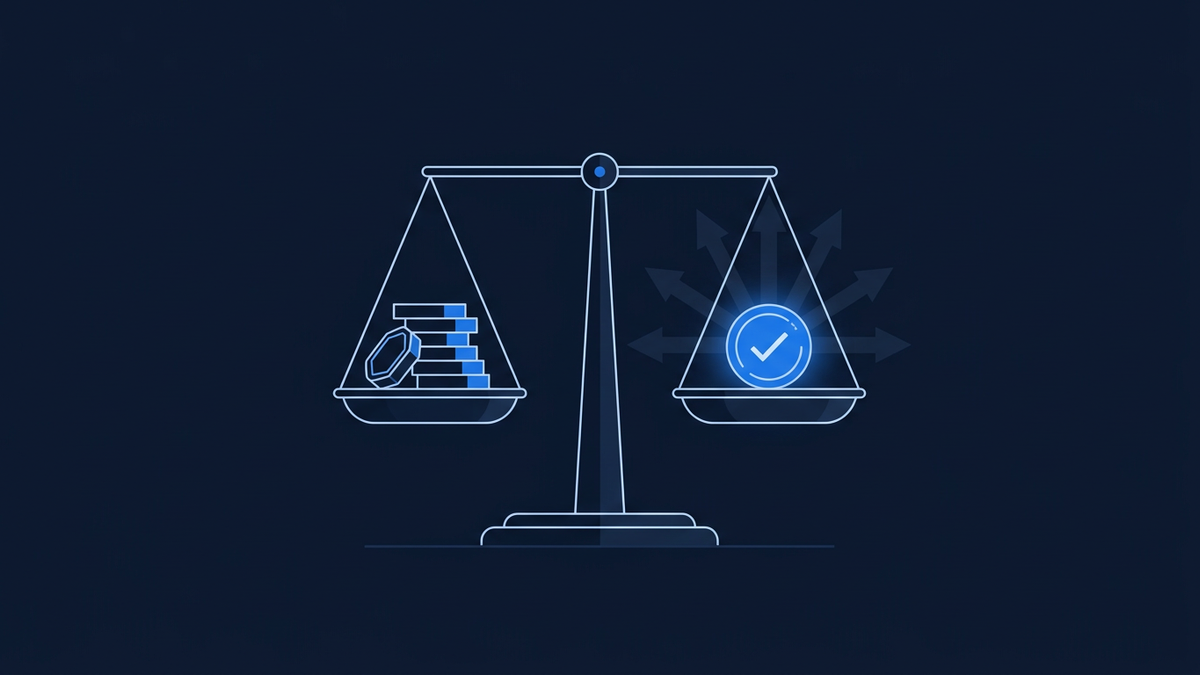 A pair of overlapping balance scales rendered as flat geometric shapes, one arm holding stacked tokens, the other holding a single glowing verdict marker, with converging vote arrows in the background.