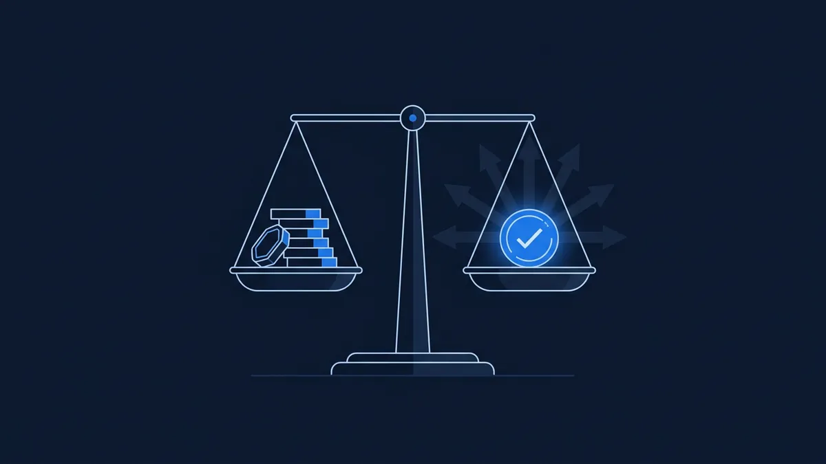 A balance scale rendered in glowing blue line art on a dark navy background, with stacked coins on the left pan and a glowing blue checkmark circle on the right pan, surrounded by radiating arrows.