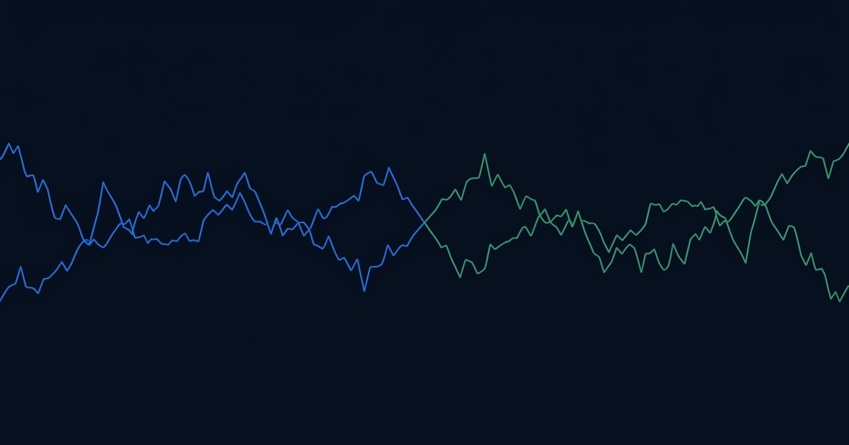 Split composition showing Polymarket purple and blue branding on the left and Kalshi green branding on the right, with an abstract market chart running across both sides