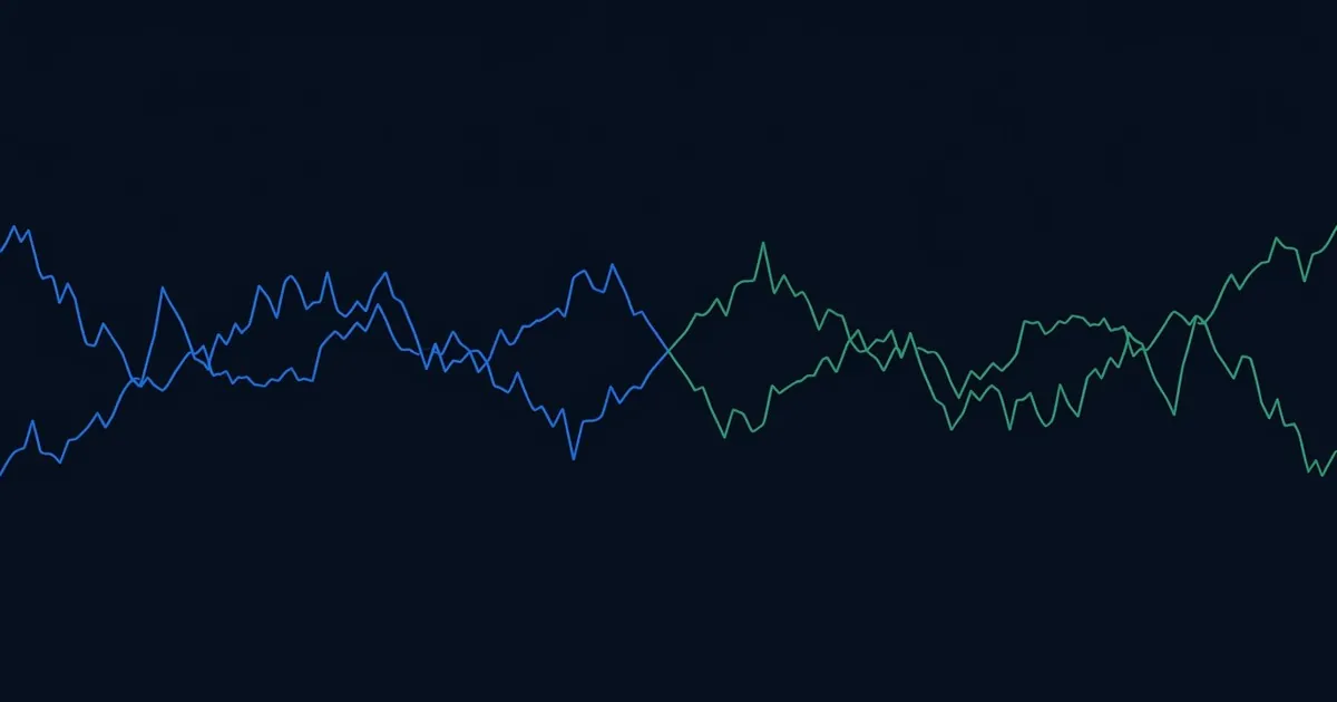 Two overlapping line chart traces cross a dark navy background, transitioning from blue on the left to green on the right, evoking financial or prediction market data visualisation.