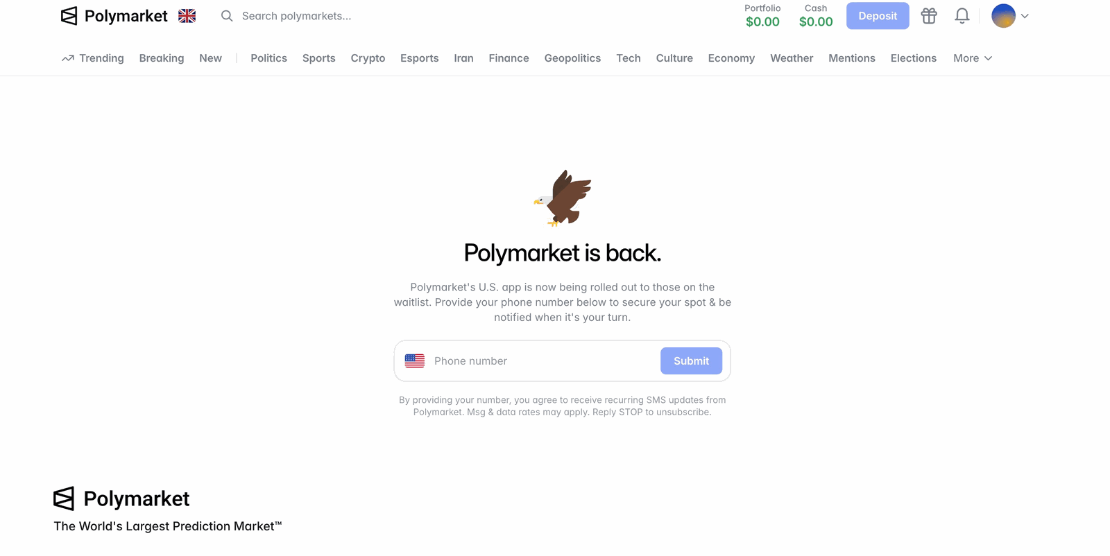 Polymarket US invite-only beta landing page showing the waitlist signup form and sports-only beta notice