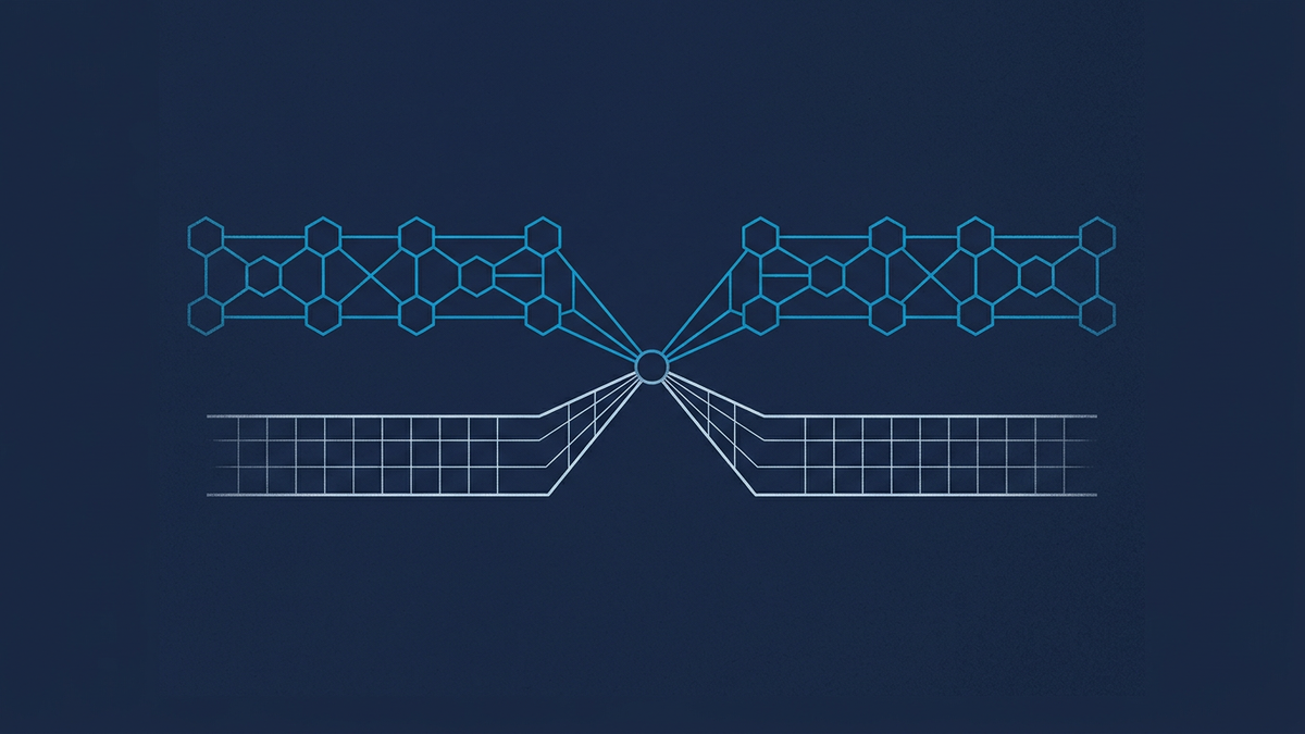Two divergent trading paths meeting at a central node, one rendered as clean geometric blockchain lattice, the other as a worn academic notation grid