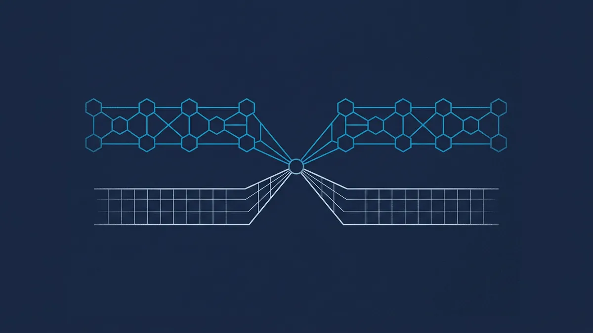 Two mirrored blockchain-style hexagonal node networks in blue converge at a central point above a wireframe perspective grid split into two panels, all on a dark navy background.