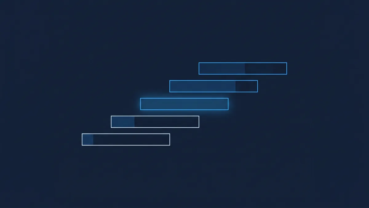 Five horizontal progress bars arranged in a staircase pattern ascending from lower left to upper right, each outlined in blue or white against a dark navy background, with varying fill levels and the middle bar glowing brighter.