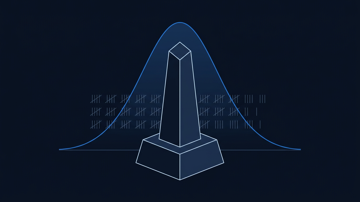 An abstract geometric award form, a tapering prism on a stepped plinth, centred against a probability curve rising behind it, with faint tally marks in the mid-distance