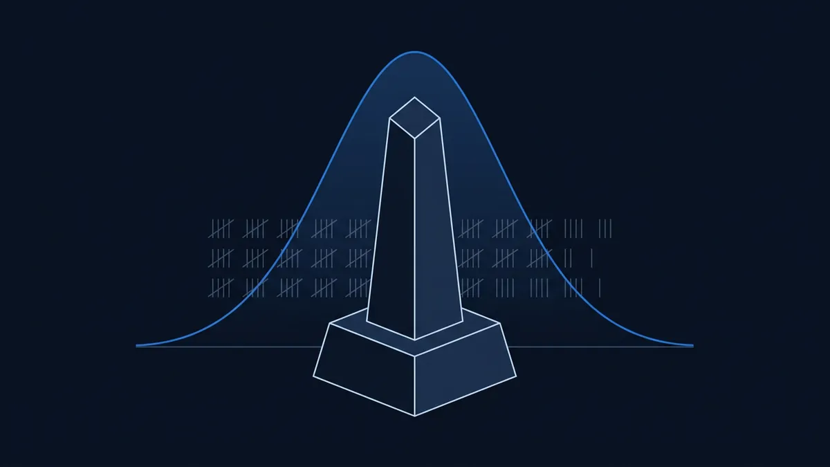 A stylised obelisk on a stepped plinth sits at the centre of a glowing blue bell curve, with rows of faint tally marks on either side, all rendered in a dark navy palette.