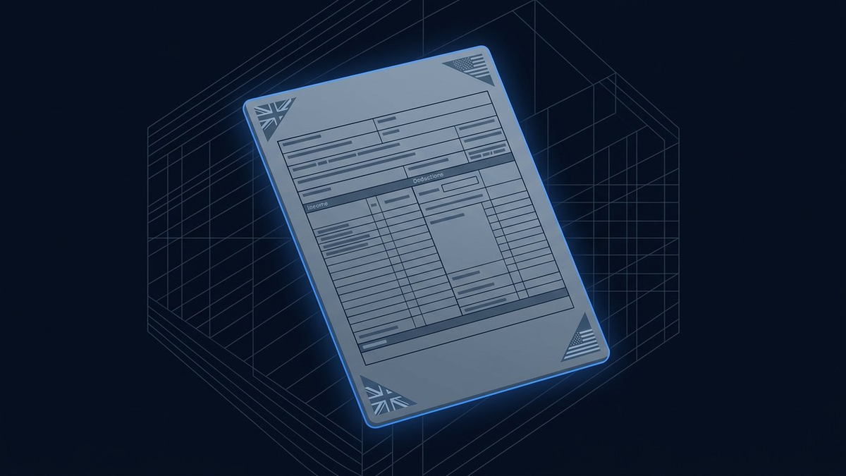 Editorial illustration of a stylised tax form floating alongside a prediction market chart, with subtle UK and US flag motifs in the corners
