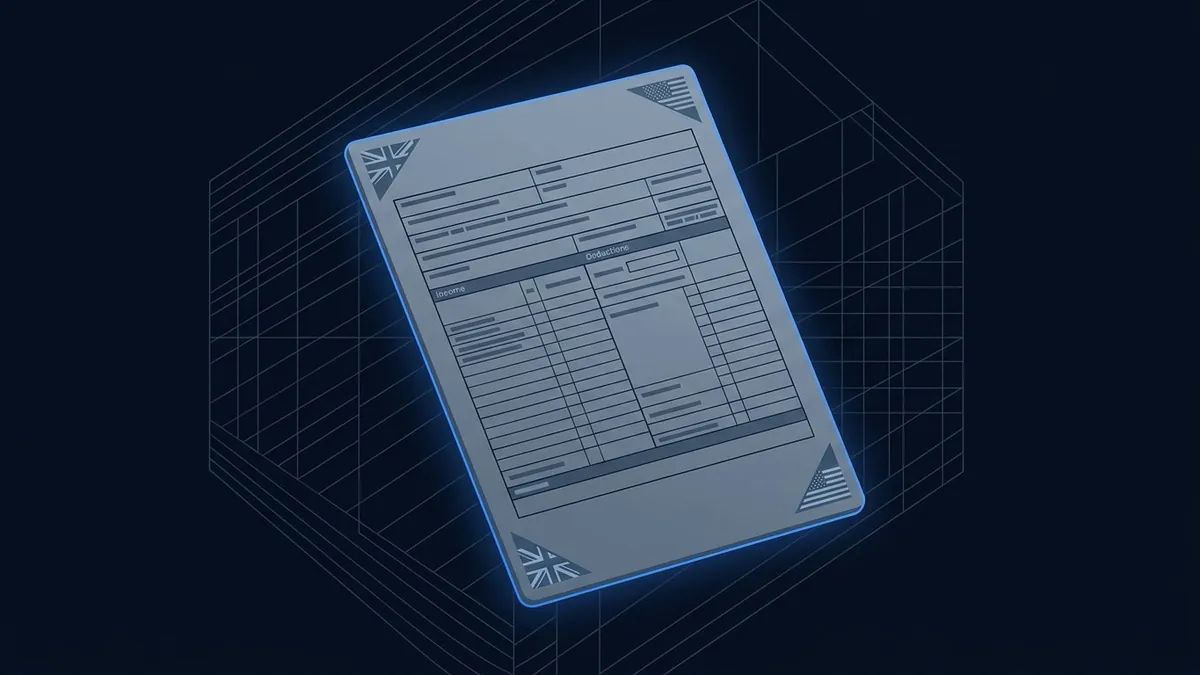 A glowing blue stylised tax form with Income and Deductions sections floats at an angle against a dark navy grid background, with UK and US flag motifs in each corner.