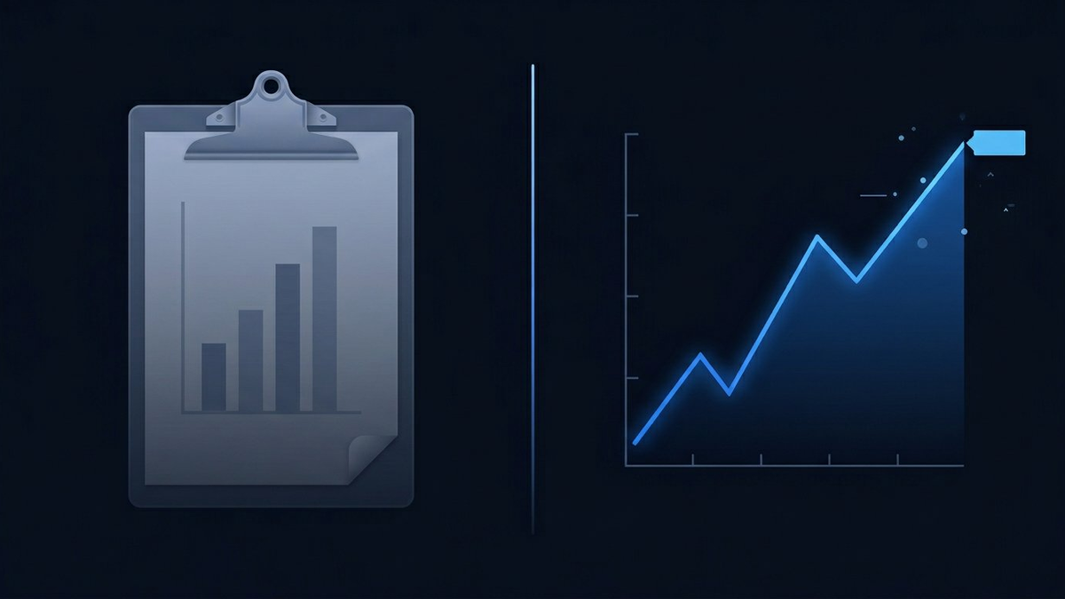 Split visual showing a traditional polling clipboard on the left and a glowing prediction market chart on the right, divided by a vertical line