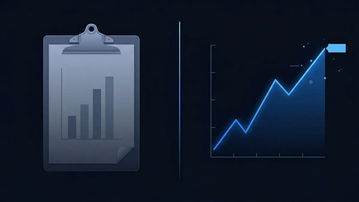 A clipboard icon with a bar chart on the left and a glowing blue line graph trending upward on the right, set against a dark navy background with a vertical dividing line.