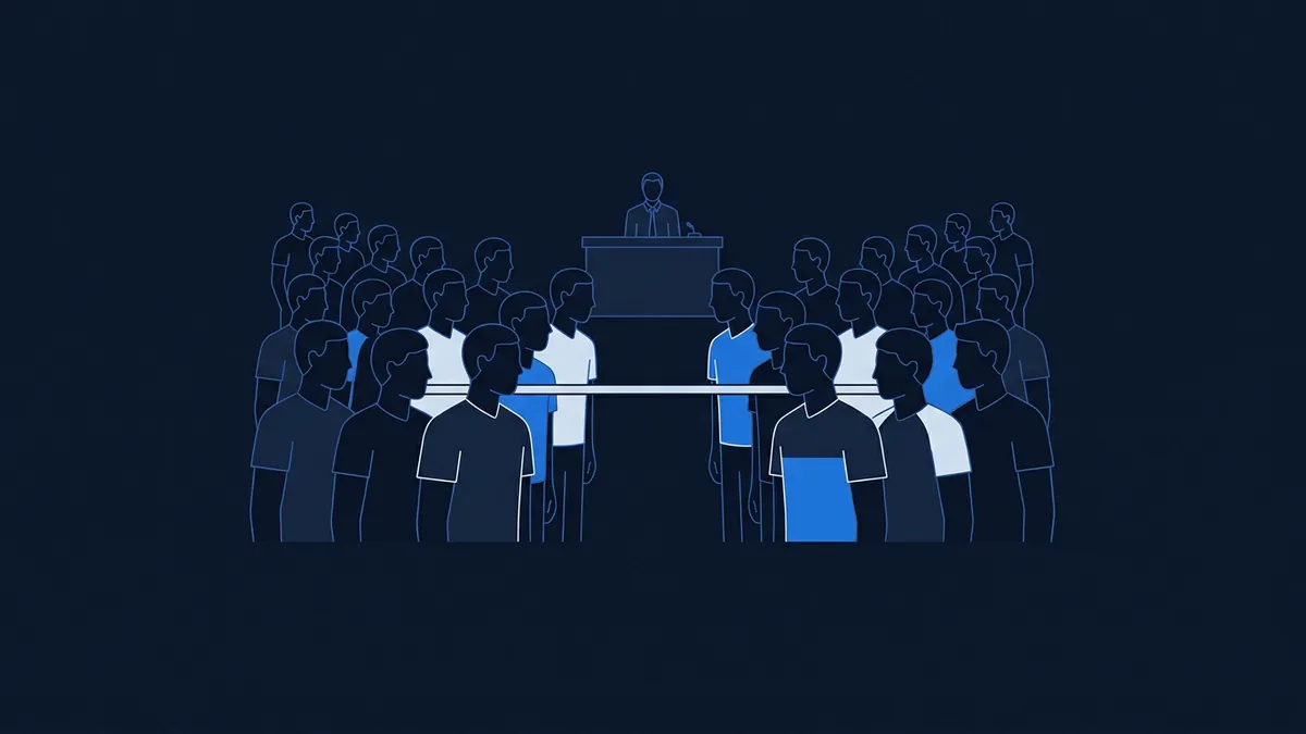 Two large crowds of stylised figures in navy and blue face each other across a central barrier, with a single figure standing at a podium between them, rendered in a flat geometric illustration style.