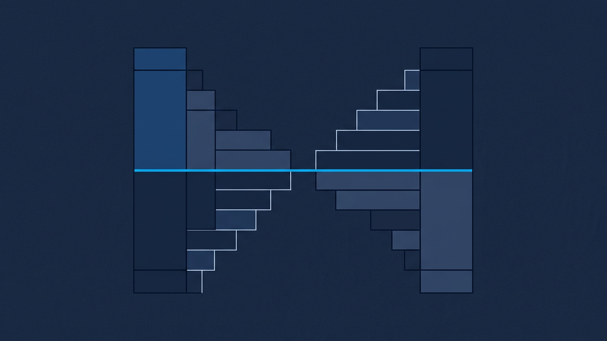 A stylised order book with two columns of bids and offers meeting at a central spread, one side glowing brighter than the other, set against deep navy.