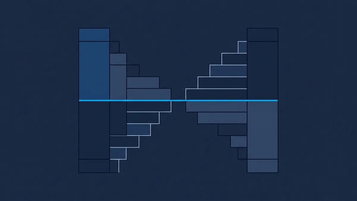A data visualisation styled as two mirrored staircase bar charts in shades of navy and steel blue, divided by a horizontal cyan line, on a deep navy background.