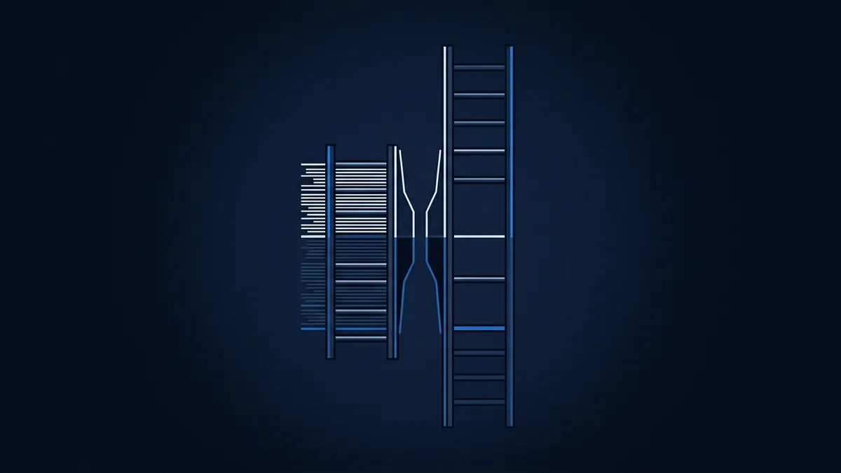 Abstract diagram showing two ladder-like vertical structures and a central pinched hourglass shape, rendered in blue and white lines on a dark navy background, suggesting data flow or DNA replication.