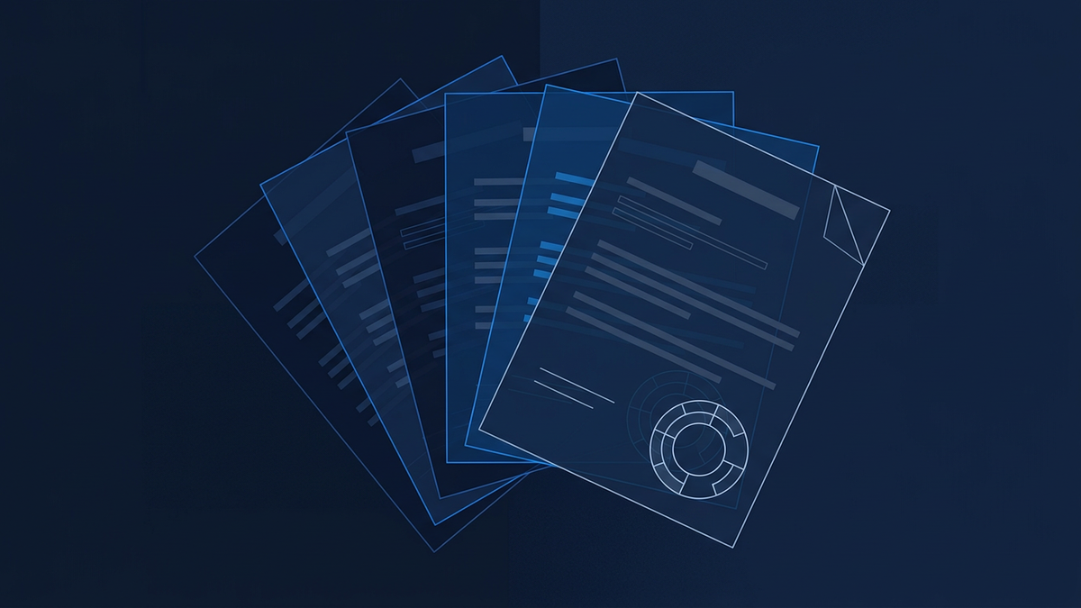 A flat editorial illustration of overlapping translucent licence documents fanned across a desk, with a faint regulatory seal motif and generous negative space surrounding them.