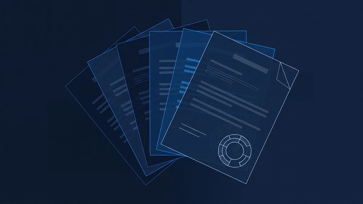 Five overlapping semi-transparent document pages fanned out in a arc on a dark navy background, rendered in a blueprint style with blue line art, horizontal blank text lines, and a circular seal motif on the front page.