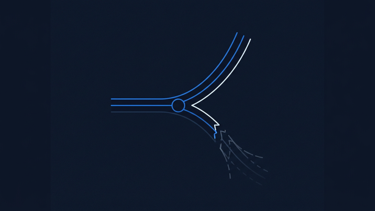 Two intertwined probability lines branching from a single node, one path glowing brighter than the other as they diverge across a navy field